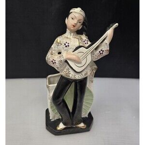 Porcelain Asian Guitar Musician Planter Figurine B&W Japan MCM Vintage